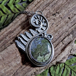 Unfurling Fern Pendant with Indonesian Moss Agate