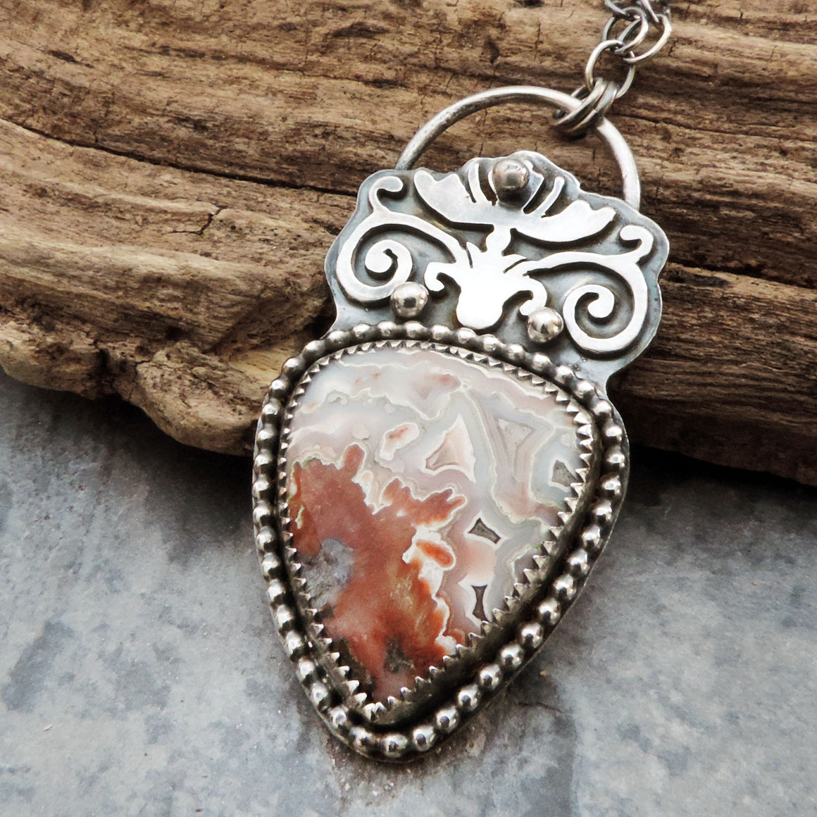 Crazy Lace Agate Flourish Design Necklace