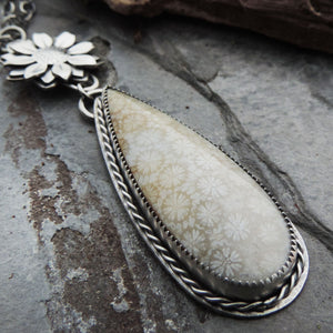 Flower Necklace with Natural Fossil Coral Drop