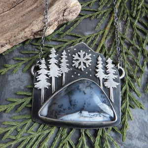 Snowy Mountain Pine Forest Dendritic Opal Necklace
