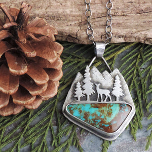 RESERVED - Deer in Mountain Forest Rising Phoenix Turquoise Necklace