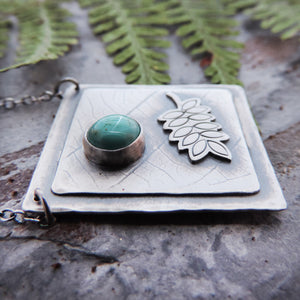 Silver Organic Botanical Imprint Fern Necklace with Turquoise Stone