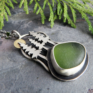 Pine Trees and Full Moon Sea Glass Necklace II