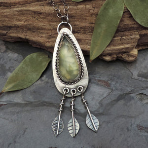 Green Prehnite Necklace with Three Leaf Dangles
