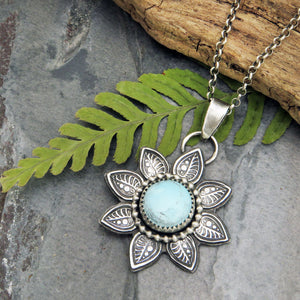 Stamped Flower Pendant with Kazakhstan Lavender Turquoise
