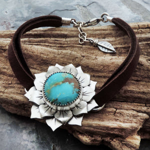 Fox Turquoise Sunflower Bracelet on Leather Band