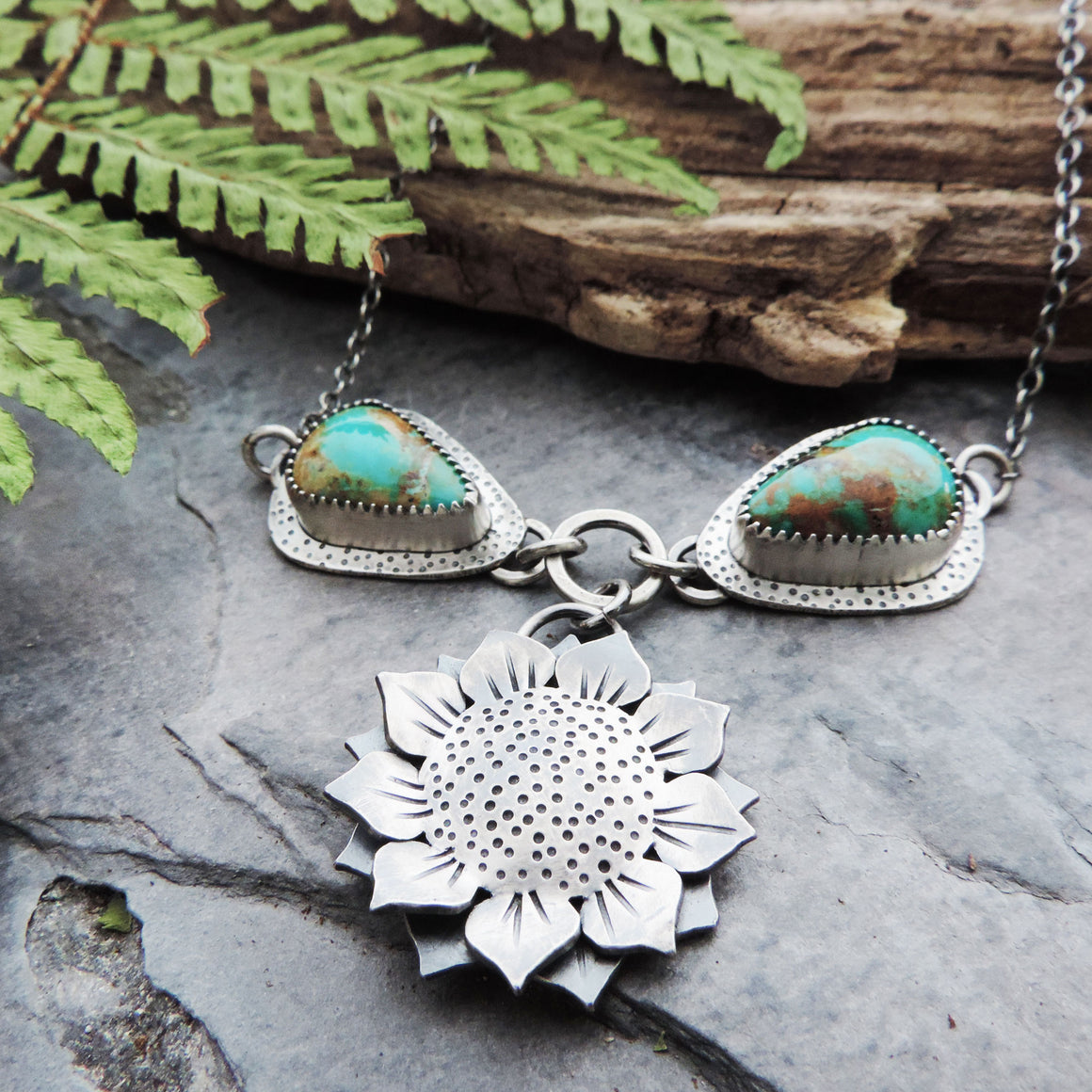 Sunflower Pendant with Tyrone Turquoise Chain Accents