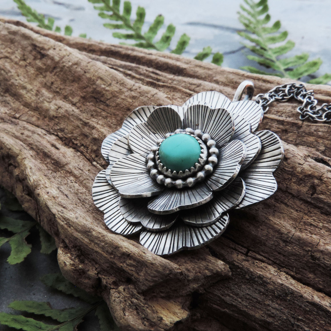Wavy Multi-Layered Flower Pendant with Turquoise Center