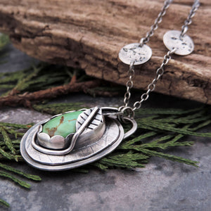 Green Turquoise Mountain Pendant Wrapped with Leaves