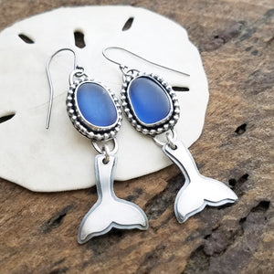 sterling silver blue sea glass whale earrings