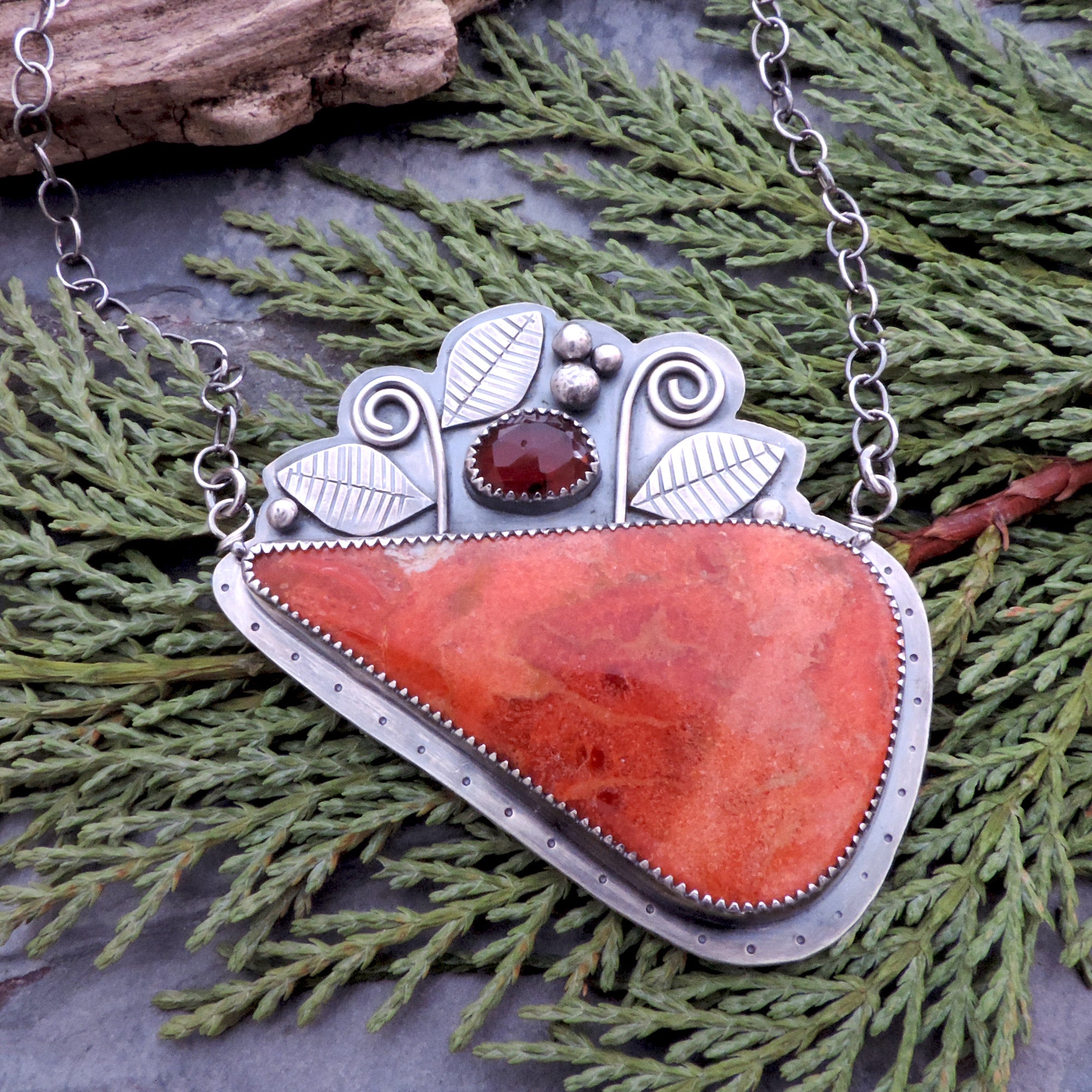 Apple Coral and Red Garnet Gemstone Statement Necklace