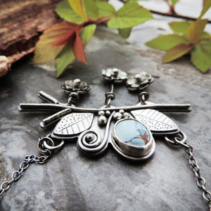 Lavender Turquoise and Three Flowers on Branch Necklace