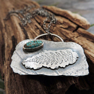 Silver Organic Fern Imprint Necklace with Turquoise Stone