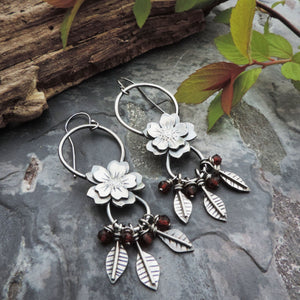 Flower Earrings on Wire with Leaves and Red Garnet