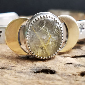Golden Rutile Quartz Moon and Stars Cuff Bracelet