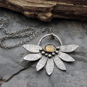 Textured Flower Petals Necklace with Citrine Gemstone