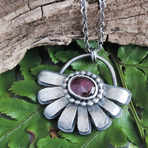 handmade silver flower pendant with pink rhodolite