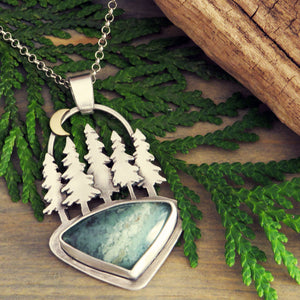Pine Tree Forest with Moon Australian Magneprase Necklace