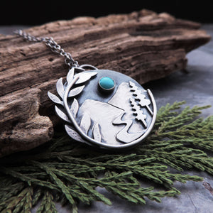 Mountain Pendant with River Stream and Laurel Leaf Border