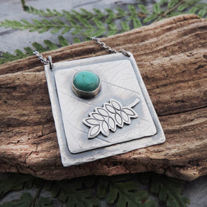 Silver Organic Botanical Imprint Fern Necklace with Turquoise Stone