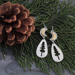 Pine Tree Silhouette and Crescent Moon Earrings