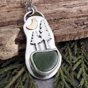 pine trees and crescent moon silver pendant