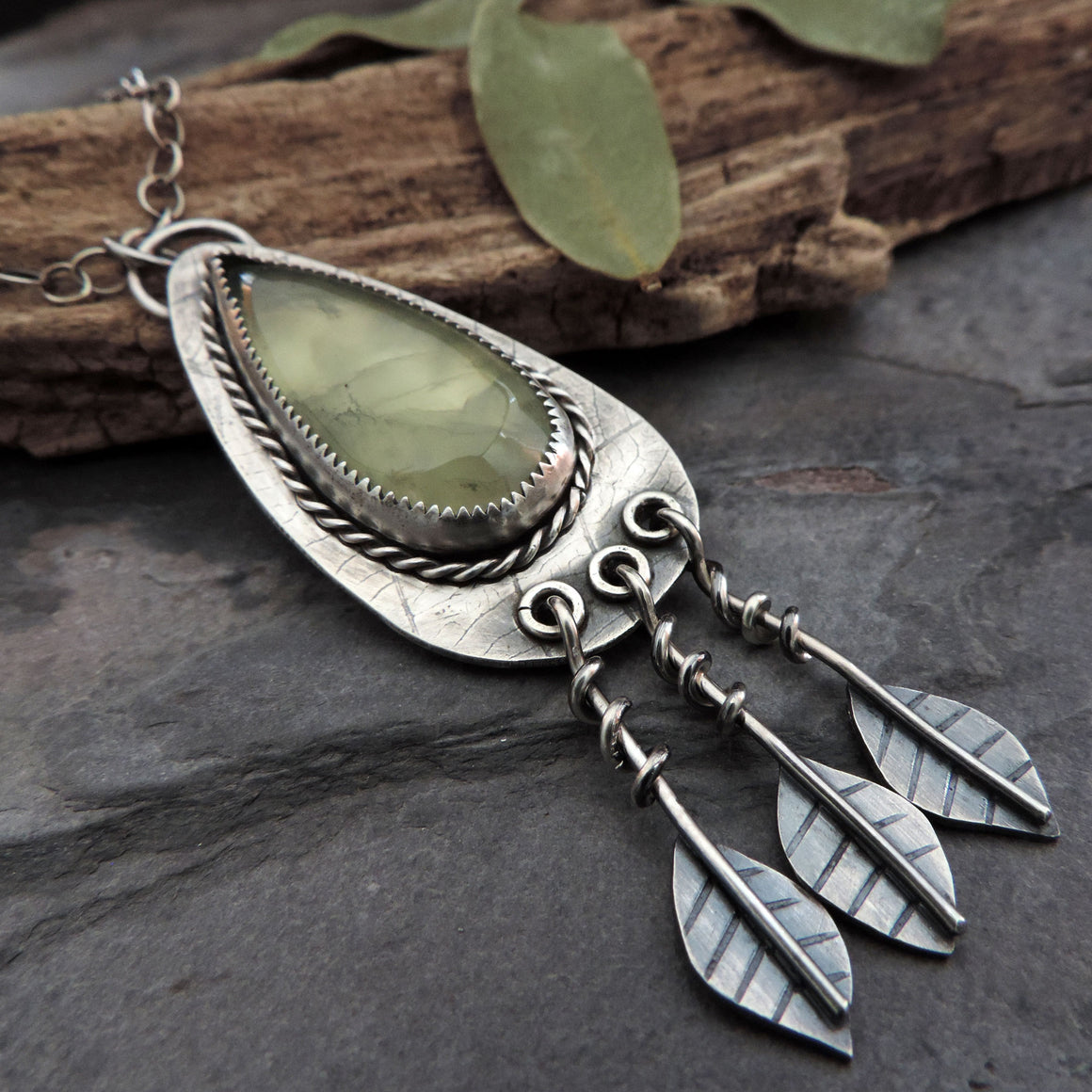 Green Prehnite Necklace with Three Leaf Dangles