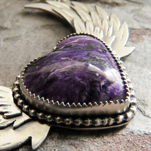 Purple Charoite Winged Heart Necklace