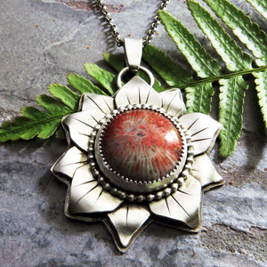 Red Horn Coral Layered Flower Pendant Necklace