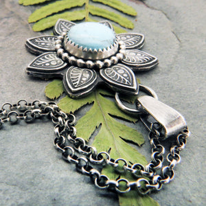 Stamped Flower Pendant with Kazakhstan Lavender Turquoise