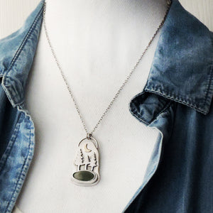 Three Pine Trees Necklace with Crescent Moon and Green Sea Glass