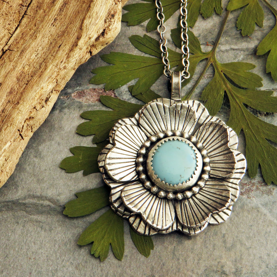 RESERVED Wavy Multi-Layered Flower Pendant with Kazakhstan Turquoise