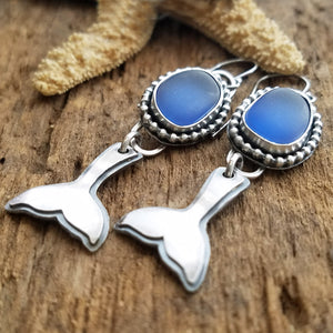 handmade beach glass whale tail earrings