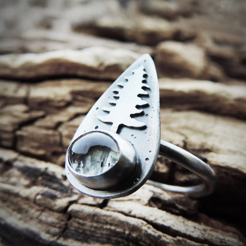 handmade silver pine tree and moss aquamarine ring