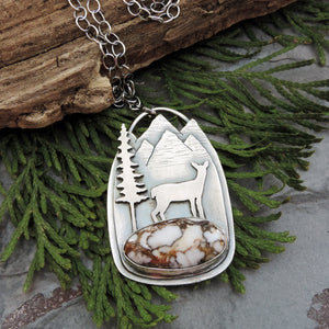 sterling silver mountain necklace with deer and gemstone