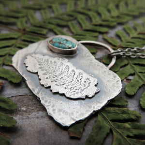 Silver Organic Fern Imprint Necklace with Turquoise Stone