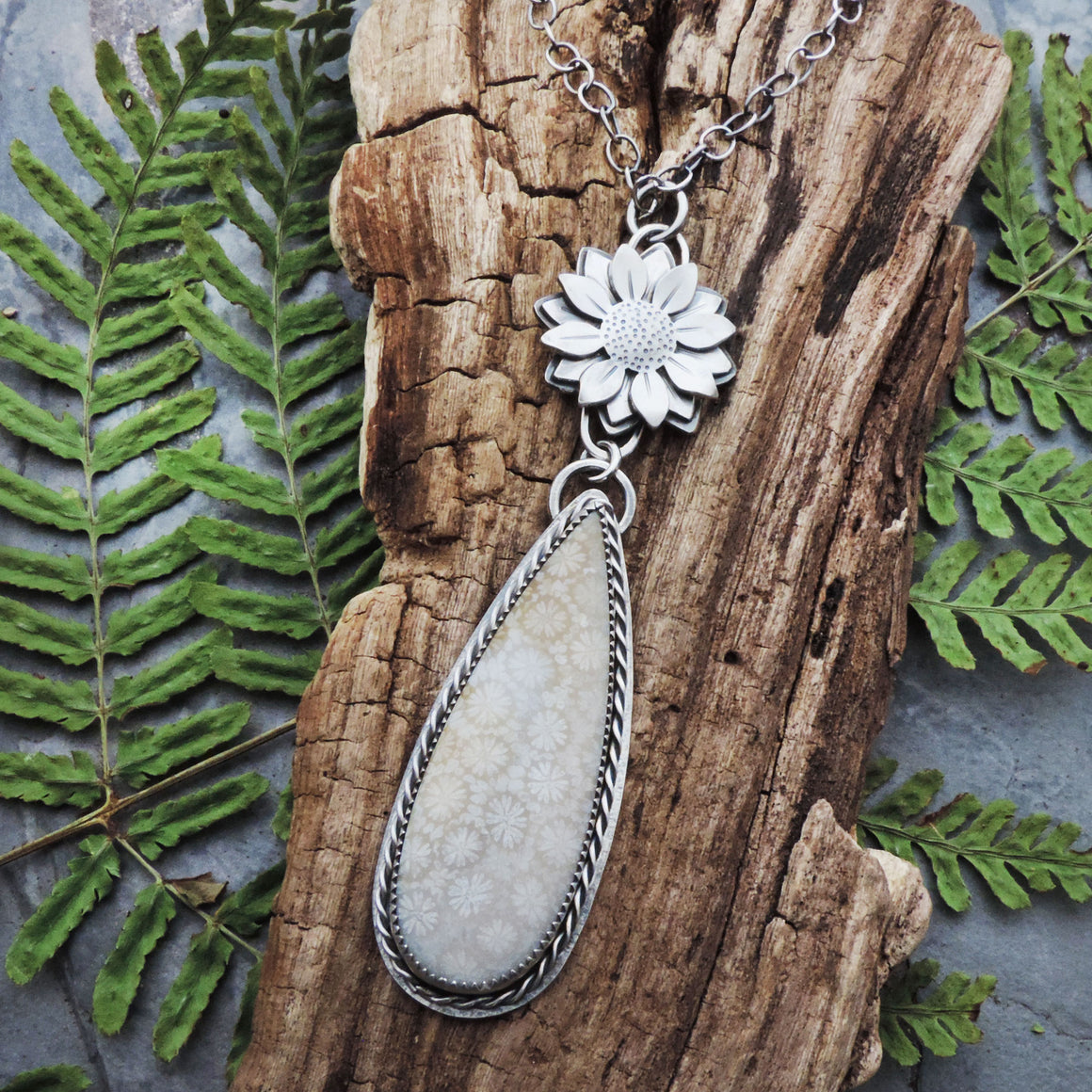 Flower Necklace with Natural Fossil Coral Drop