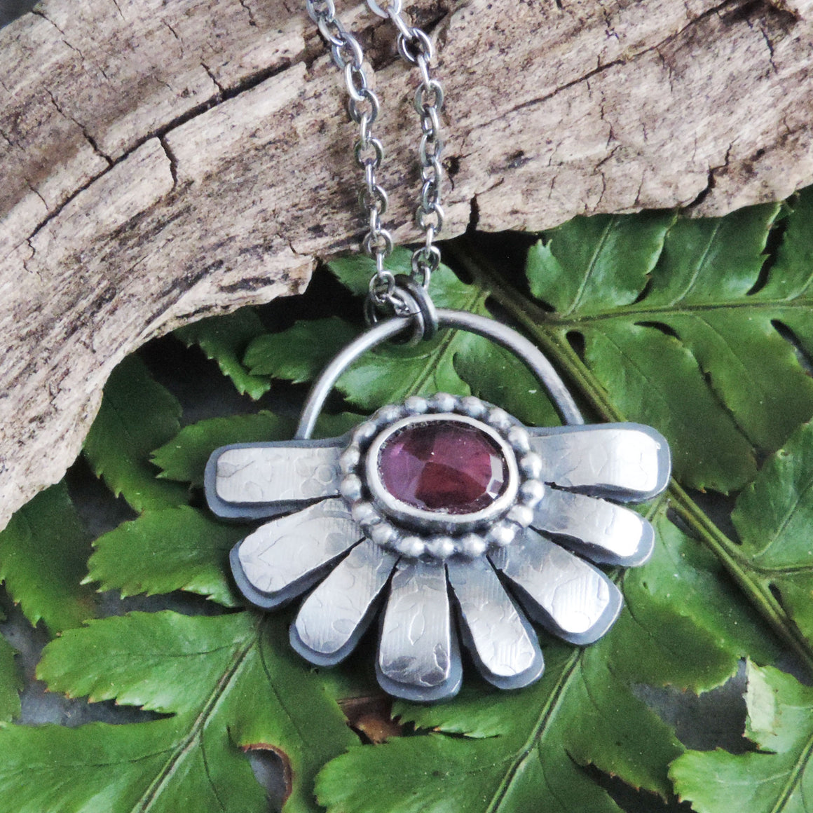 sterling silver pink rhodolite flower necklace