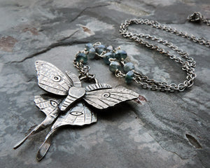 sterling silver luna moth blue gemstone necklace