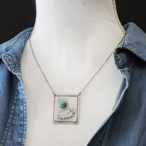 Silver Organic Botanical Imprint Fern Necklace with Turquoise Stone