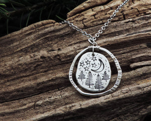 Starry Sky and Pine Trees Organic Charm Necklace