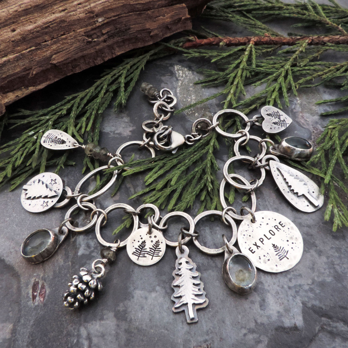 handmade sterling silver woodland charm bracelet