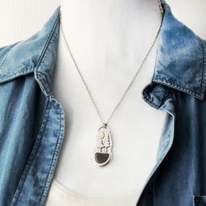 Two Pine Trees Necklace with Crescent Moon and Green Sea Glass