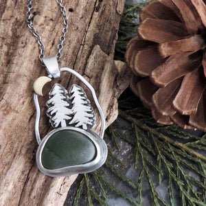 Small Pine Tree Necklace with Crescent Moon and Green Sea Glass