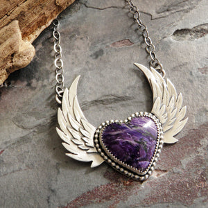 Purple Charoite Winged Heart Necklace