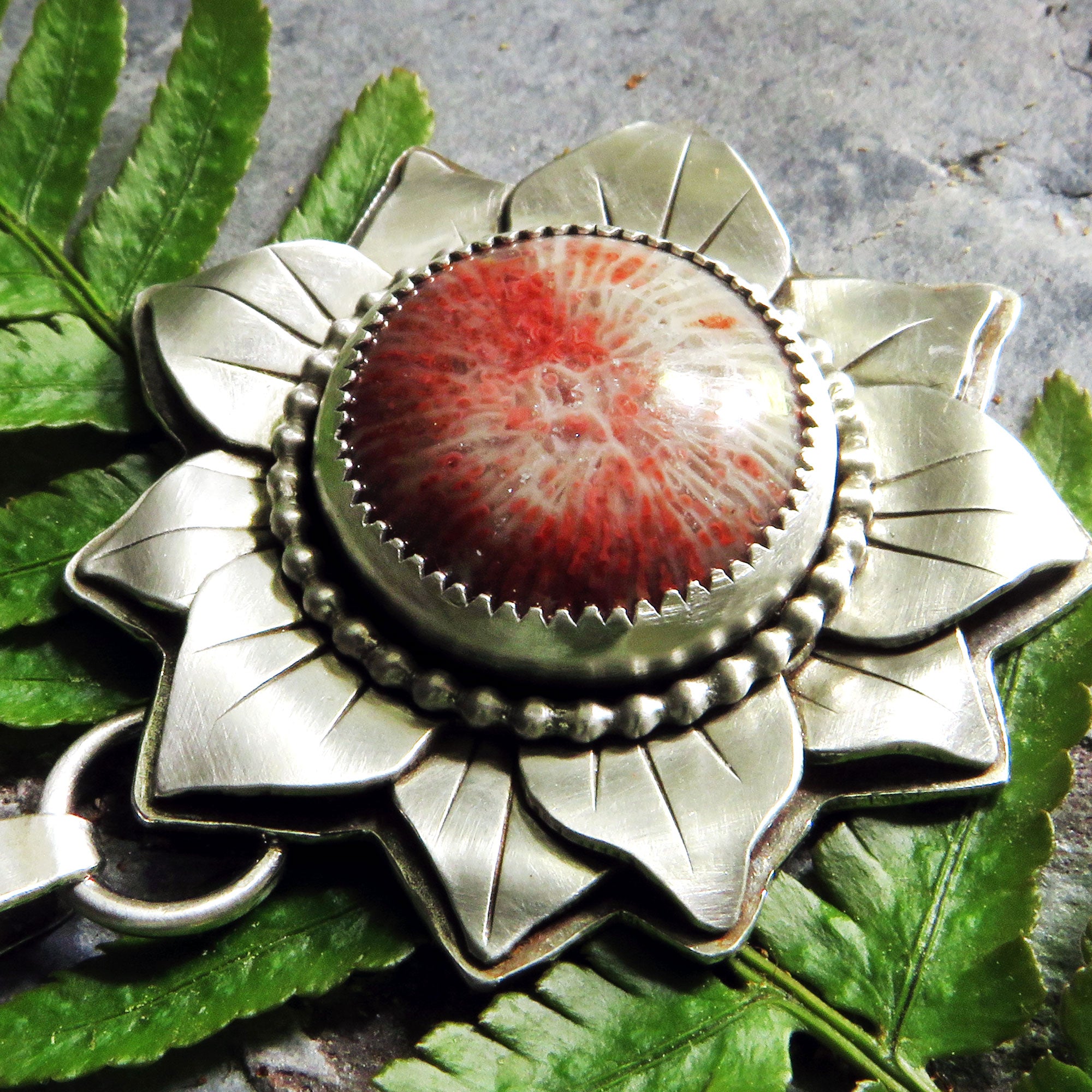 Red Horn Coral Layered Flower Pendant Necklace