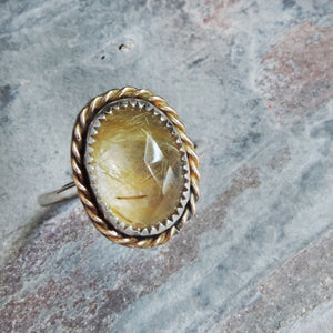 Golden Rutilated Quartz Gemstone Ring - Size 7.5