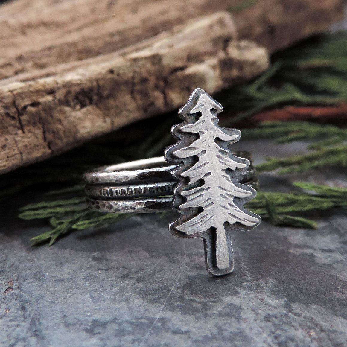 Sterling Silver Pine Tree Triple Band Ring - Size 8
