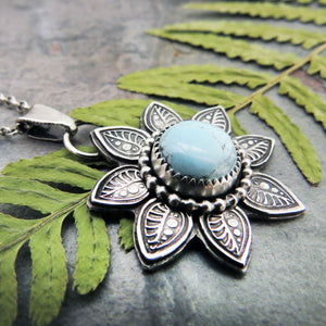 Stamped Flower Pendant with Kazakhstan Lavender Turquoise