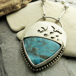 Turquoise Ocean Waves and Sea Gull Necklace